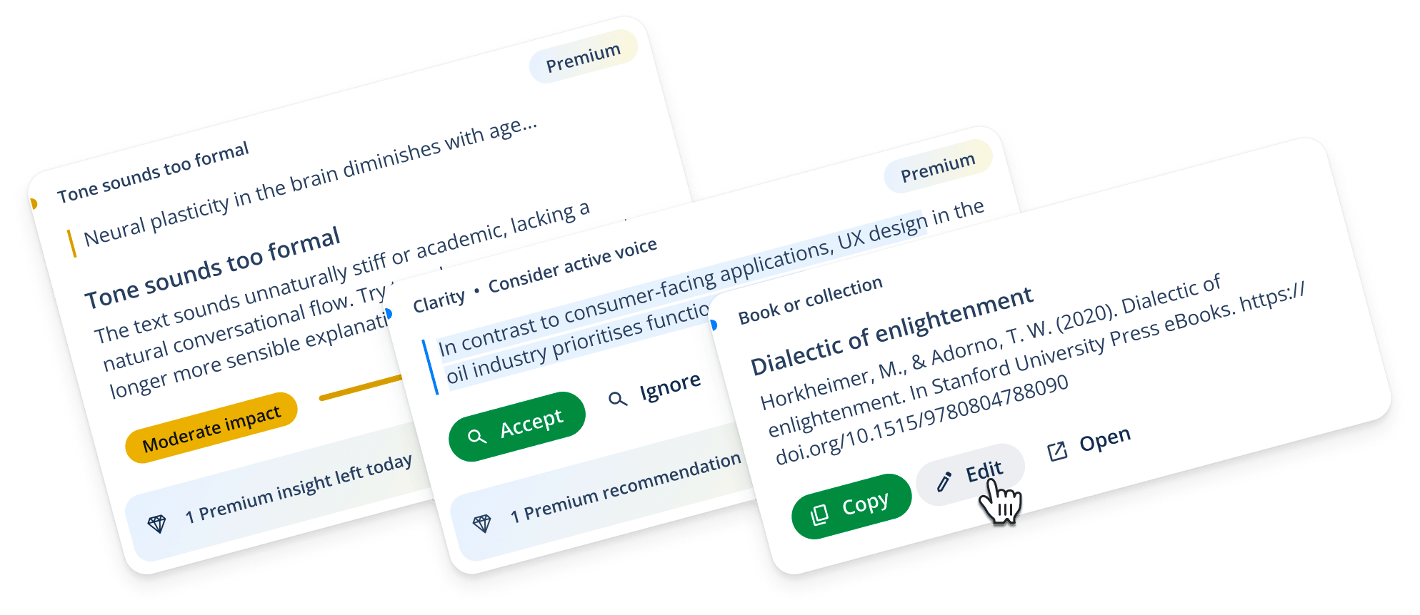 Early designs for how a single master card component could handle all suggestion types across tools